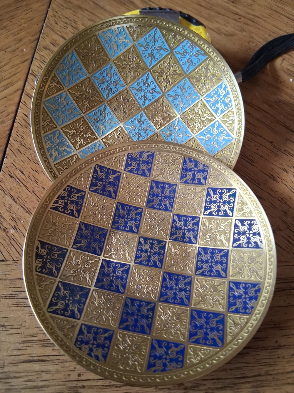 Vintage Wok Handicrafts Enameled Brass Dish Blue Gold Checkerboard Retro Modern